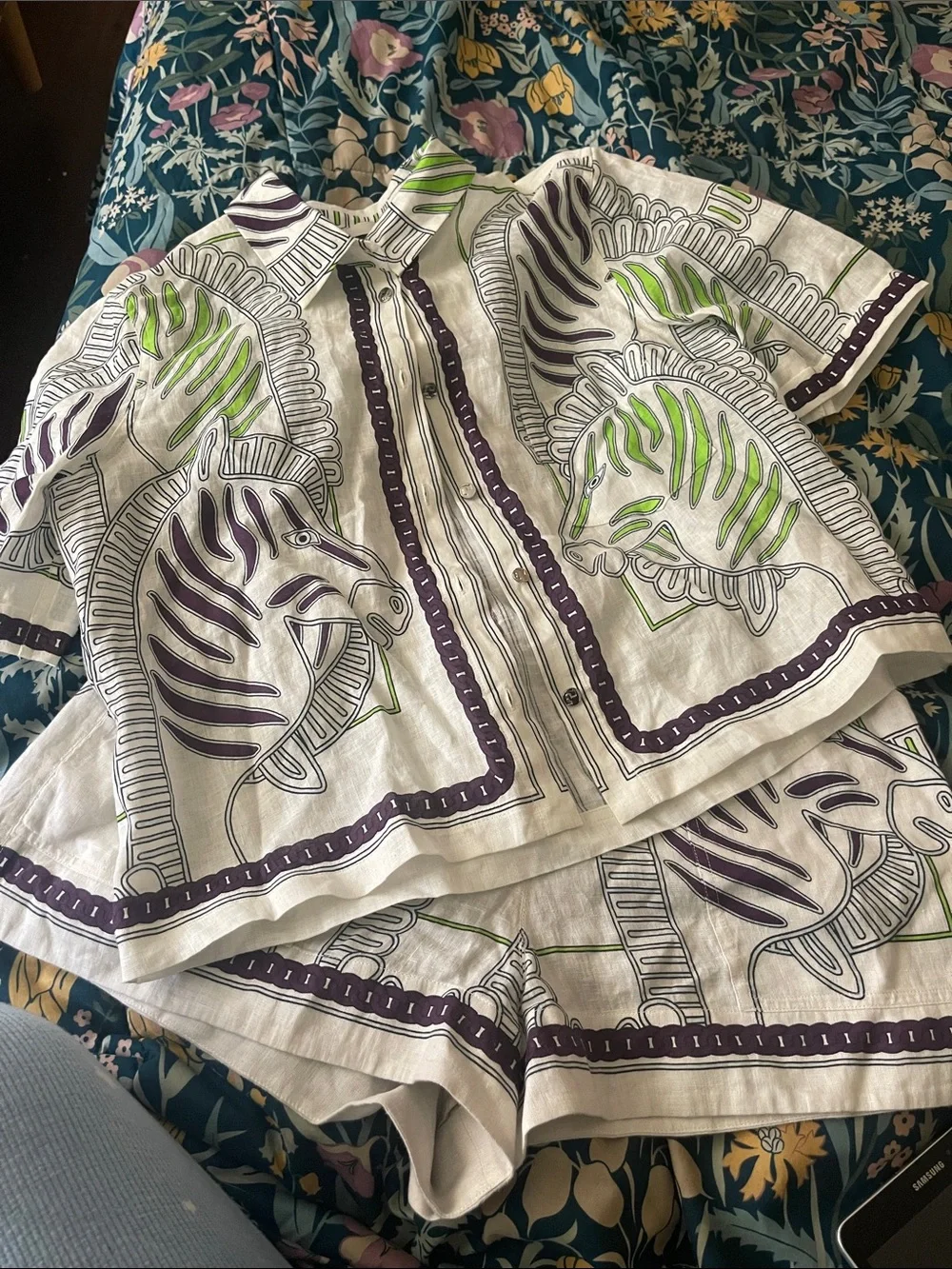 Tory Burch Girls' Zebra Print Button-Front Set in White, Green & Purple